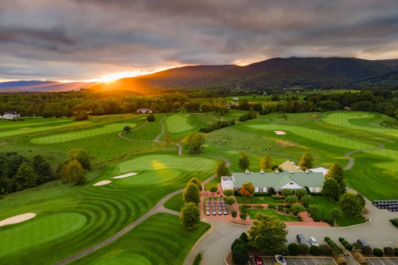Aerial view of the lush green golf course at Old Trail Golf Club in Crozet, VA