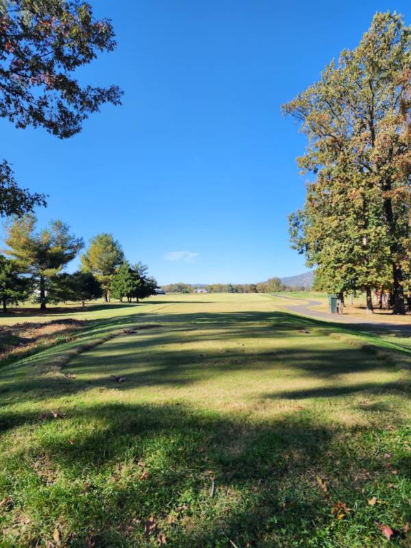 Golfer executing a perfect shot on a meticulously groomed green field in Crozet, VA