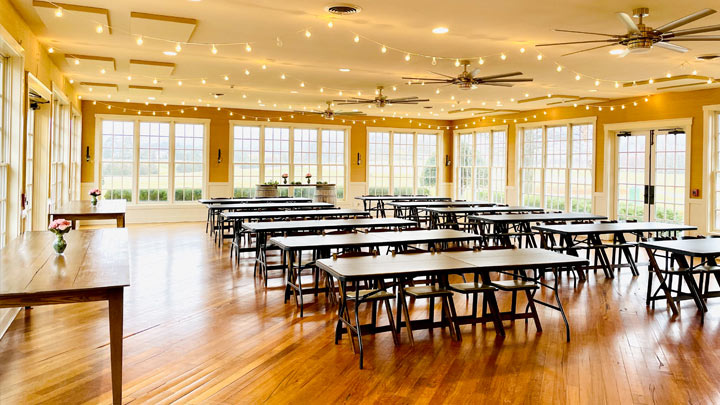 Conference setup with a backdrop of the Blue Ridge Mountains in Crozet, VA