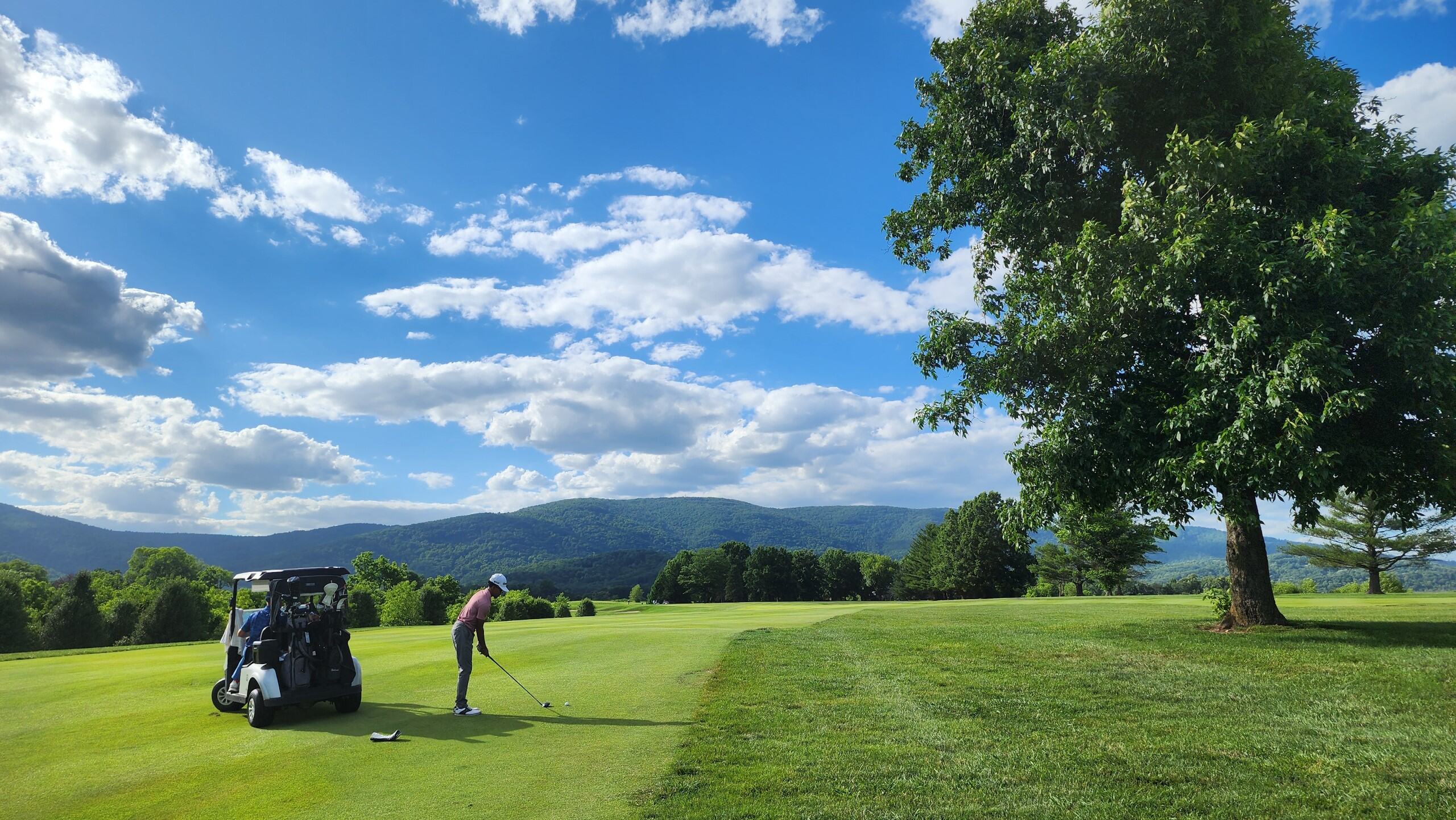 Aerial view of the lush green golf course at Old Trail Golf Club in Crozet, VA