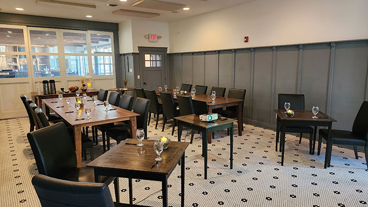 Modern meeting room setup with a panoramic view of the Blue Ridge Mountains in Crozet, VA